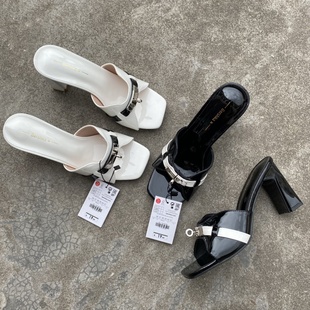 外贸大码鞋8cm个性款高跟凉拖鞋夏外穿粗跟新款配裙子一字带拖鞋