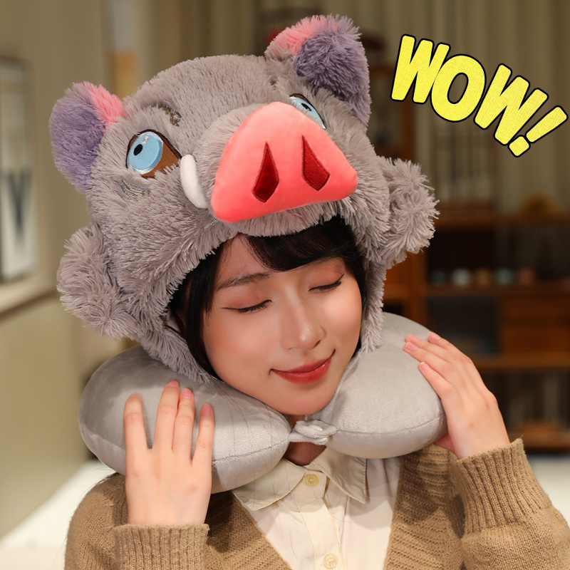 可爱猪猪u型枕连帽午睡护颈脖枕鬼灭之刃嘴平伊之助猪头帽子头套