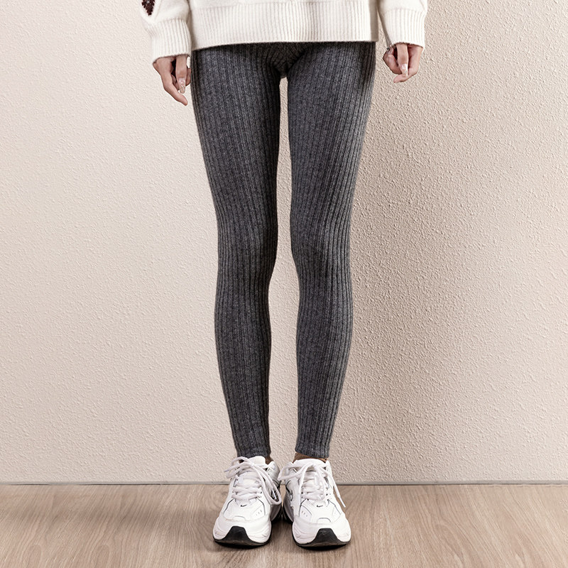 羊绒打底裤女秋冬外穿坑条紧身踩脚加厚加绒保暖针织无痕高腰裤子