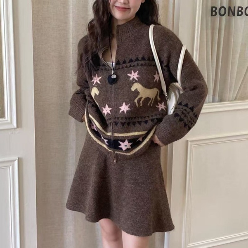 实拍费尔岛复古提花毛衣开衫套装女新款秋冬季针织半身短裙两件套