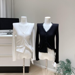 COOKADAILY人鱼 蕾丝花边仿羊绒软糯通勤修身V领开衫外套上衣