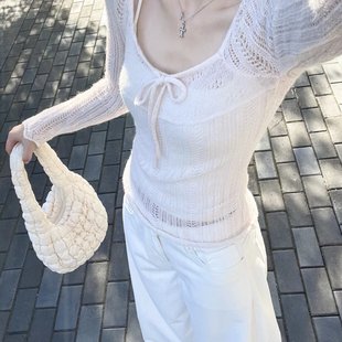 云樱粉黛 粉色镂空针织衫女2025初秋新款长袖显瘦薄款上衣