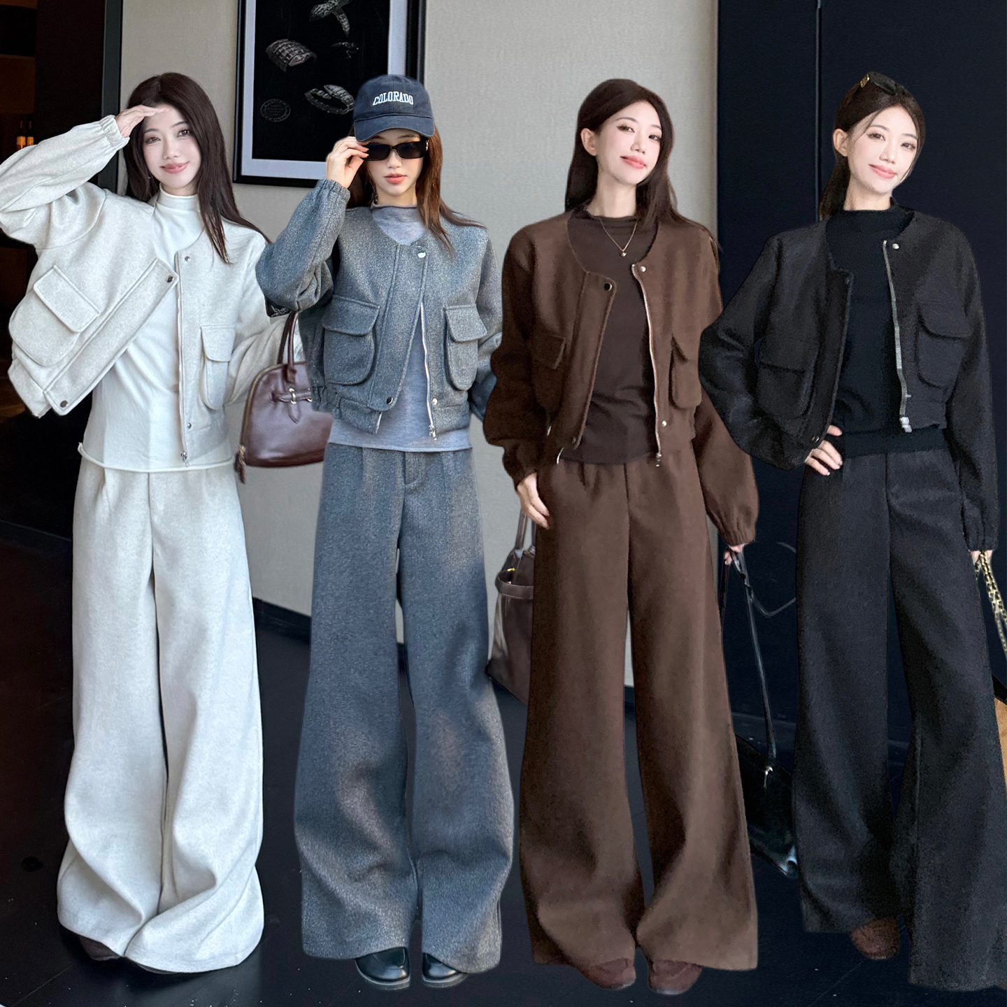 实拍~2025秋冬大码休闲呢子马甲+呢子阔腿裤+针织打底衫三件套