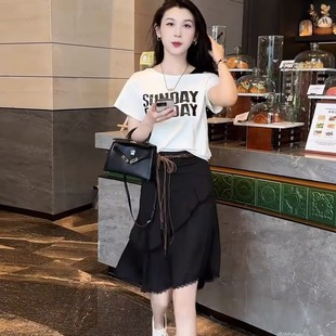 夏天超好看套装 T恤不规则半身裙两件套潮 女韩系时尚 减龄露肩短袖