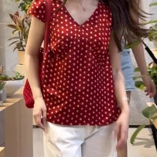 新款 时尚 夏季 韩版 设计感小众上衣 百搭显瘦波点衬衫 女原宿风小飞袖