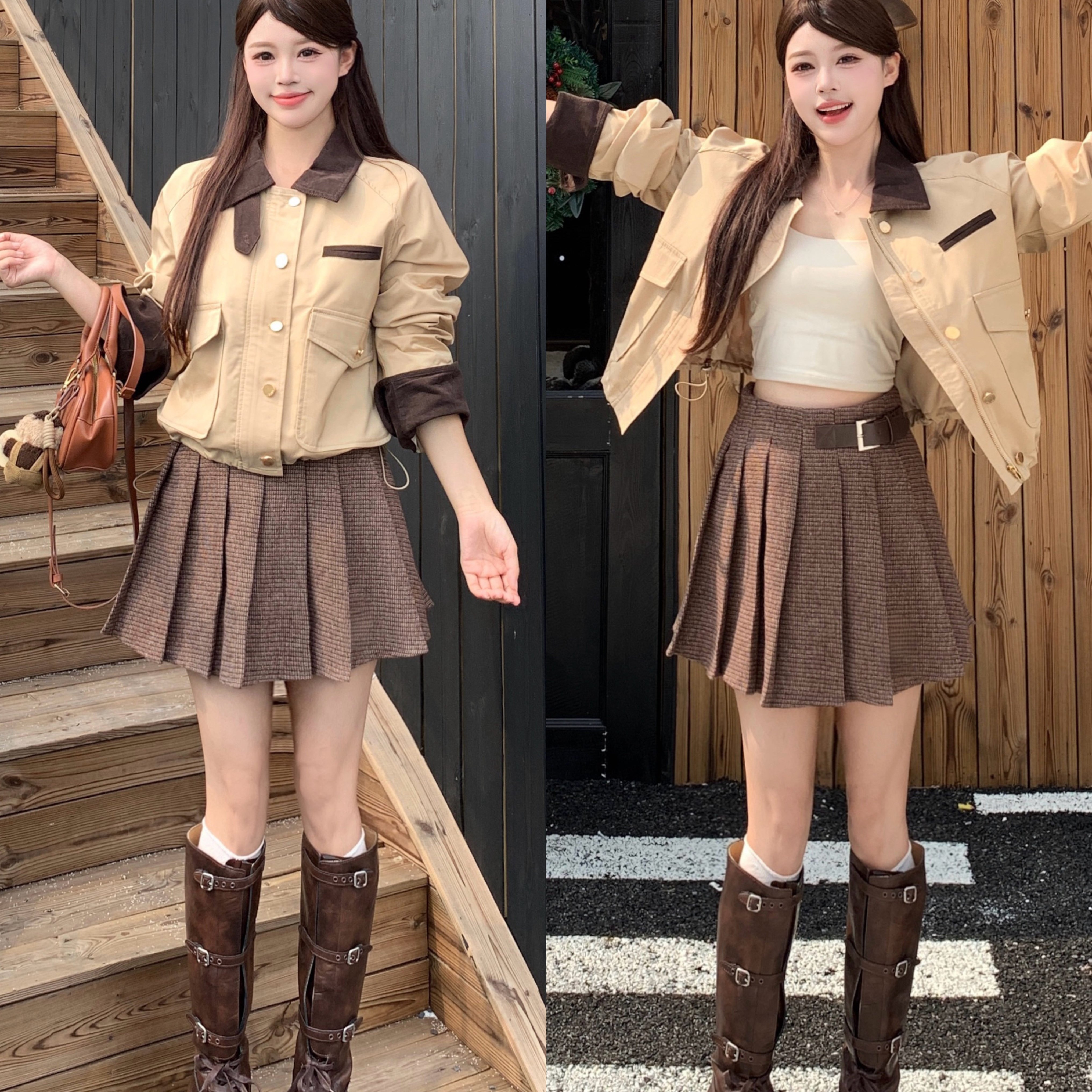 大码露思同款复古撞色翻领长袖夹克外套高腰百褶半身裙女时尚套装