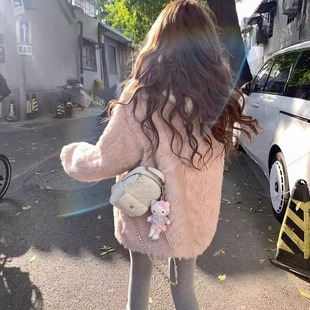 韩系新款粉色羊羔毛外套女韩版中长款气质皮毛一体超好看毛绒大衣