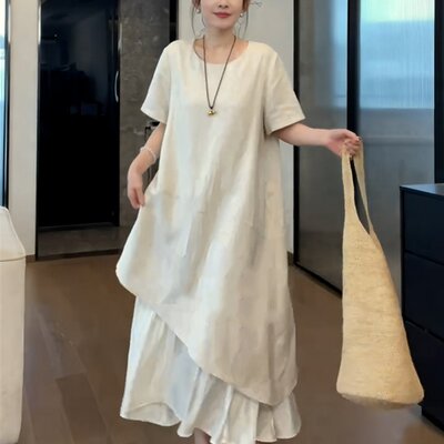 大码女装裙子新款亚麻假两件连衣裙夏季流行单品胖mm宽松显瘦长裙