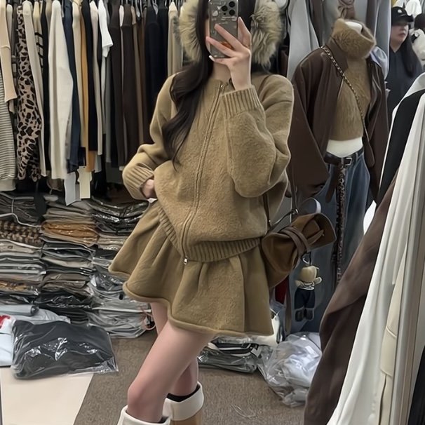 韩系慵懒风休闲软糯针织套装女2025秋冬新款毛衣开衫半身裙两件套