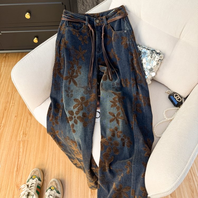 官图秋冬雪尼尔厚料复古提花牛仔裤女高腰显瘦型好裤子直筒阔腿裤