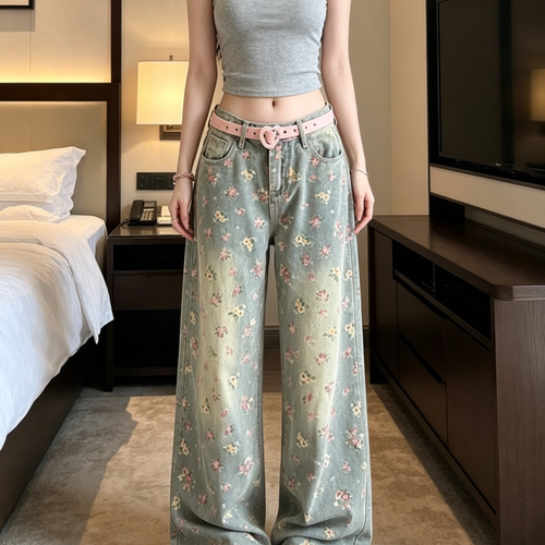 2026夏季新款美式复古碎花高腰牛仔裤显瘦直筒裤垂感拖地长裤