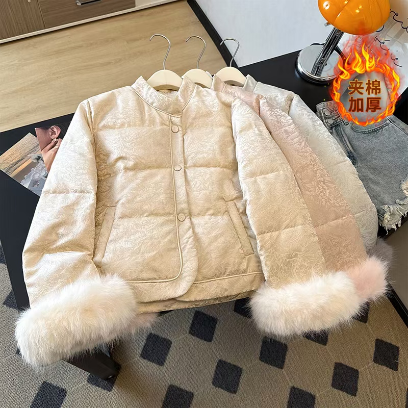 国风提花毛毛袖口可拆卸洋气羽绒棉服女新款立领名媛优雅外套