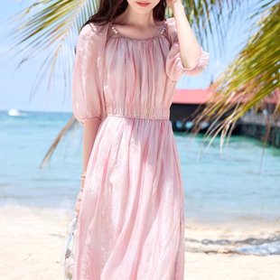 新款 温柔风粉色连衣裙女2025夏季 超好看气质海边度假沙滩裙子
