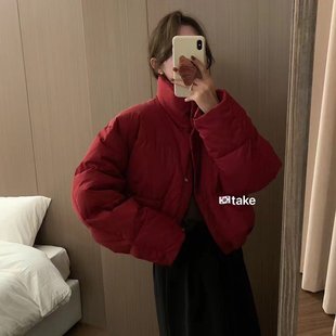 韩代立领短款羽绒服女2025冬季新款加厚90白鸭绒小个子面包服外套