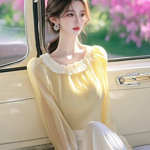 今年爆款时尚高端黄色上衣女2025早春新款白色木耳边法式收腰衬衣