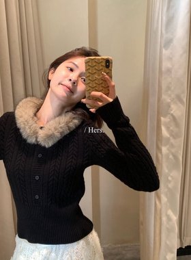 冬上新Hers简约日常可拆卸毛毛领麻花保暖毛衣配可拆卸毛毛