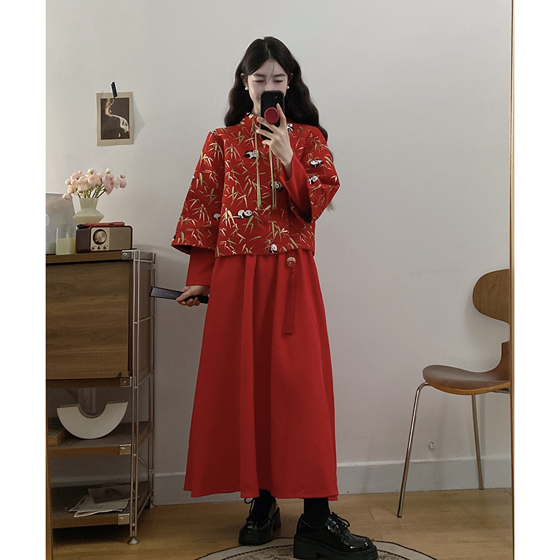 实拍2024秋冬大码女新中式复古重工暗纹假两件旗袍上衣套装裙