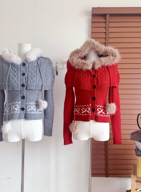 ELEVEN SLEEP冬季圣诞连帽毛衣开衫外套女式韩系毛领保暖斗篷上衣