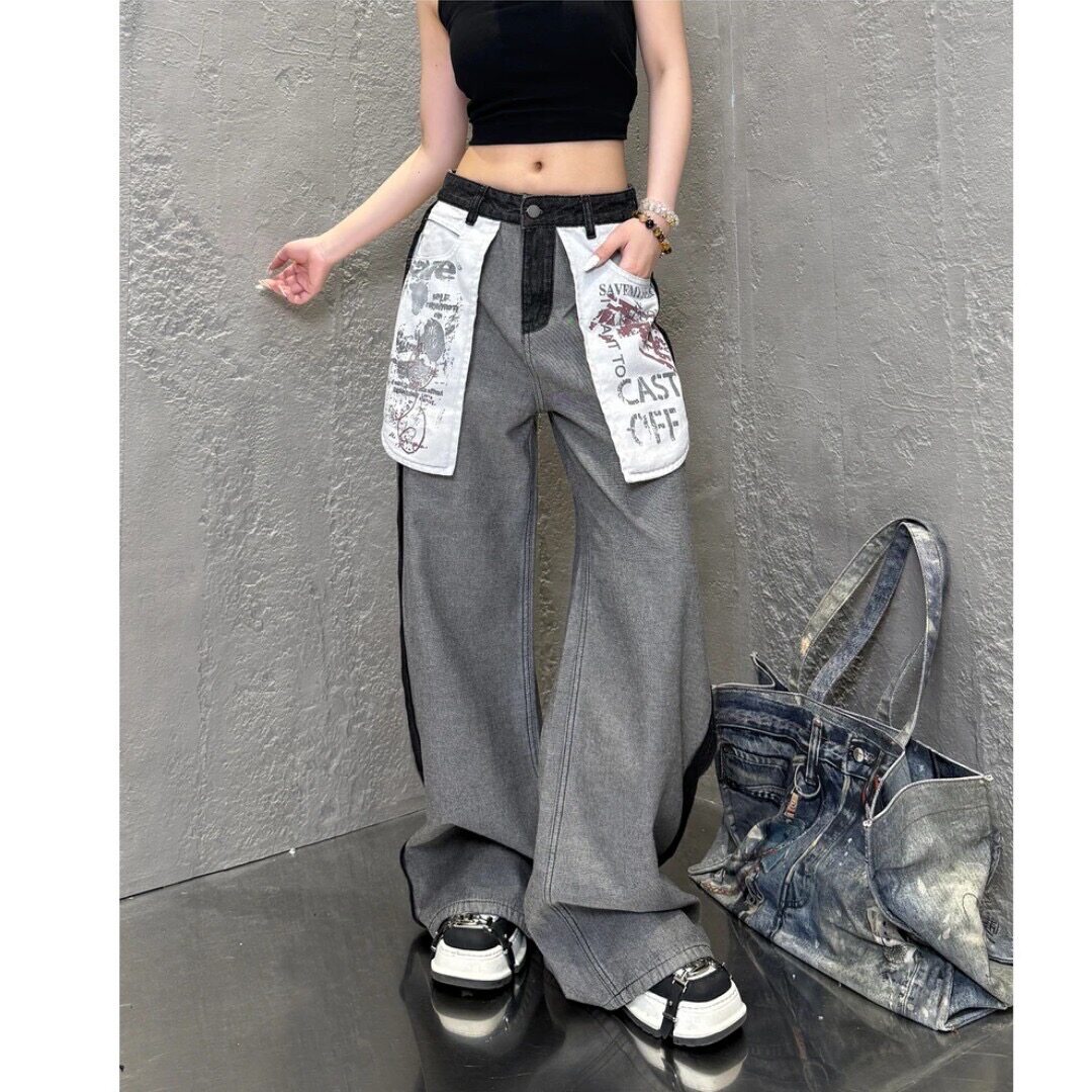 美式高街AB面假两件阔腿直筒裤潮牌宽松设计感显瘦堆堆牛仔裤女裤