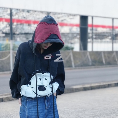 长袖连帽卫衣女美式休闲冬季拼接贴布宽松百搭加绒卫衣外套上衣女