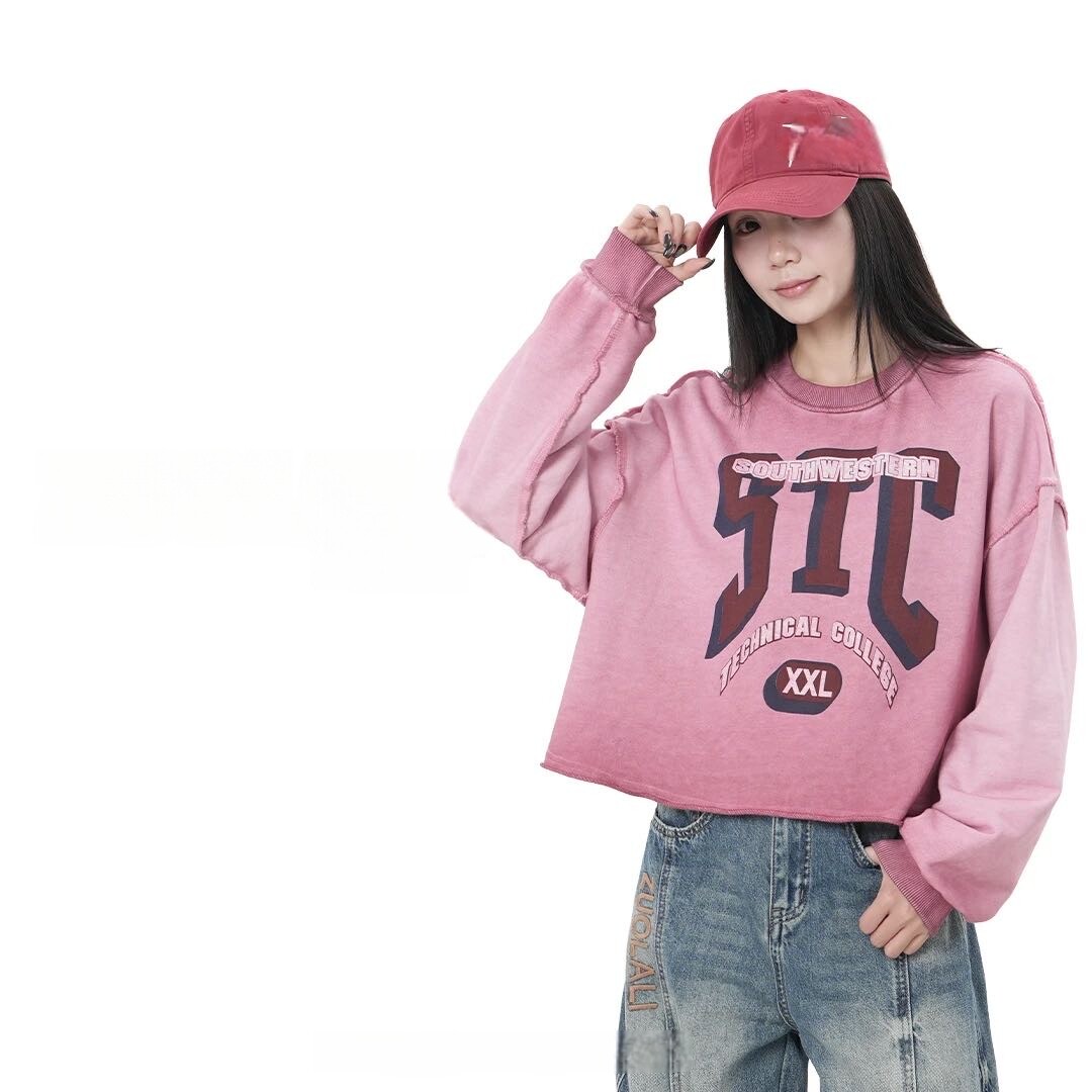 长袖套头卫衣女春秋新舒服潮字母拼接贴布宽松百搭卫衣外套上衣女