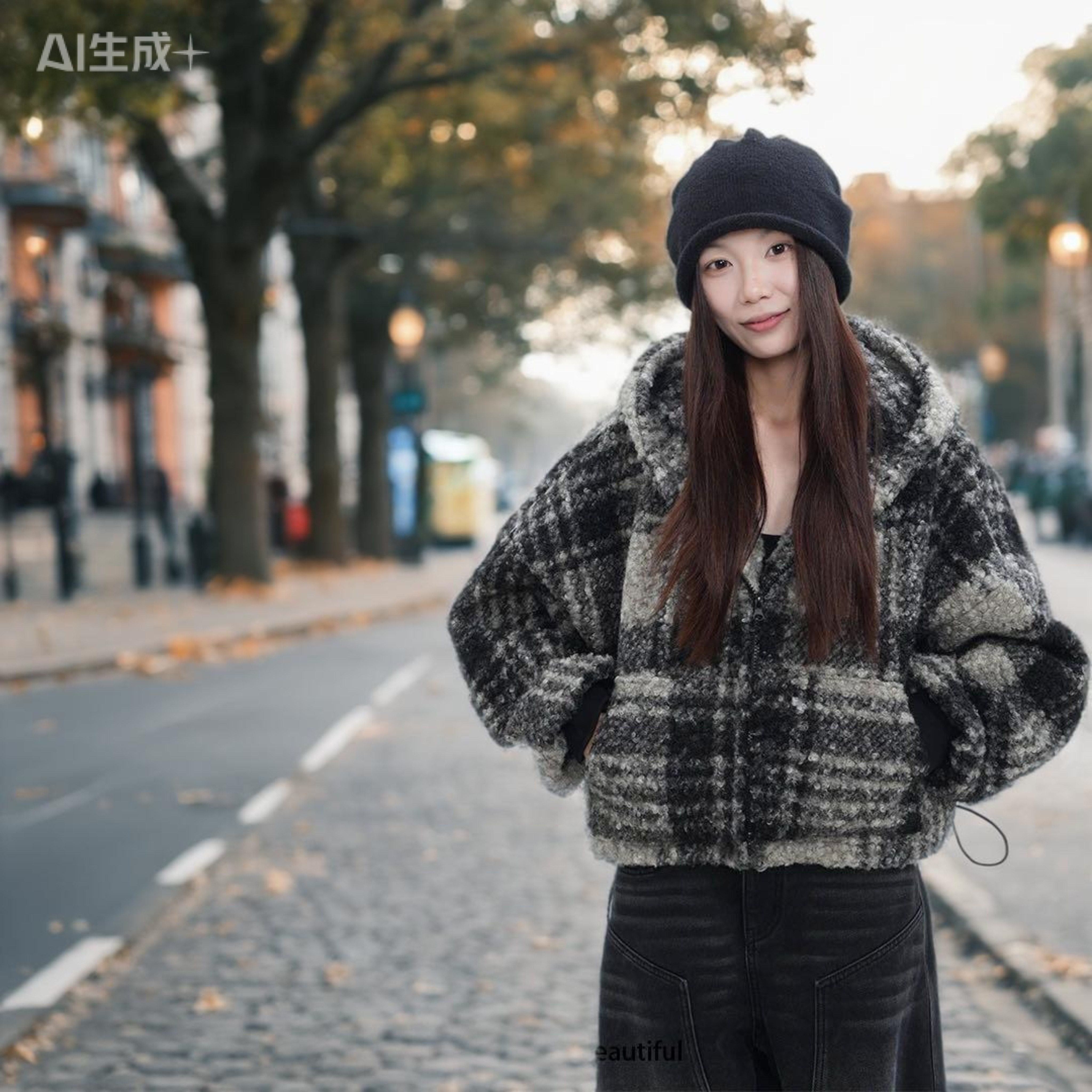 连帽短款羊毛羔开衫外套女2025年冬季格子条纹宽松百搭长袖上衣女,女装/女士精品,卫衣/绒衫,淘宝优惠券,粉丝福利购,淘宝优惠卷