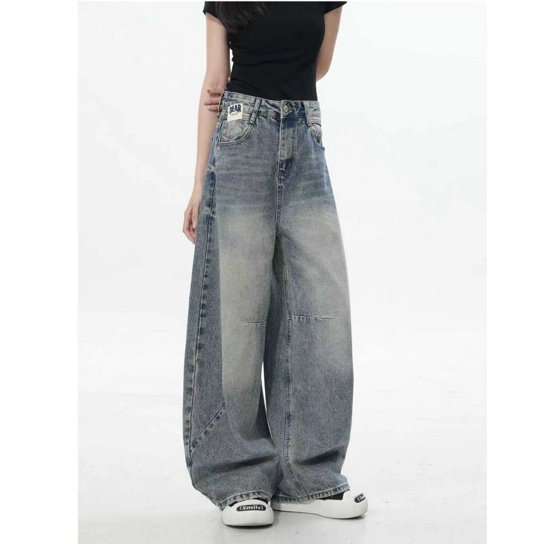 简约时尚设计春夏高腰贴布直筒堆堆牛仔裤宽松轻奢高腰百搭女裤子