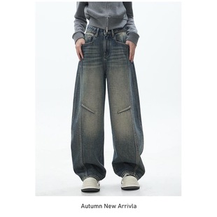 女裤 胖妹妹mm高腰宽松显瘦阔腿裤 女秋冬季 轻奢复古蓝色弯刀牛仔裤