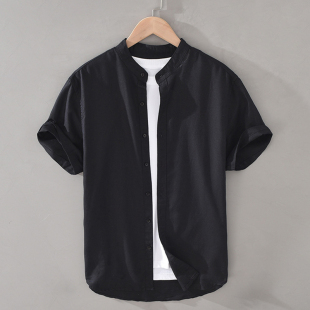 男短袖 亚麻衬衫 立领棉麻衬衣无领黑色半袖 上衣潮韩版 夏季 男装 男士