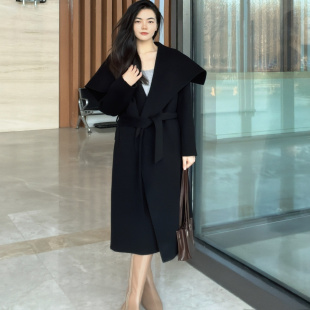 2025冬季新款轻熟风大翻领羊毛大衣女中长款系带收腰黑色显瘦外套