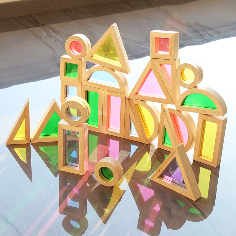 木制亚克力彩虹积木儿童形状认知创意搭建万花筒透明透光益智玩具