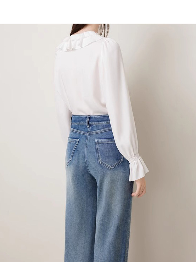 初慕恩定制2024春新款时尚醋酸抗皱荷叶边系带衬衫长袖白色上衣女