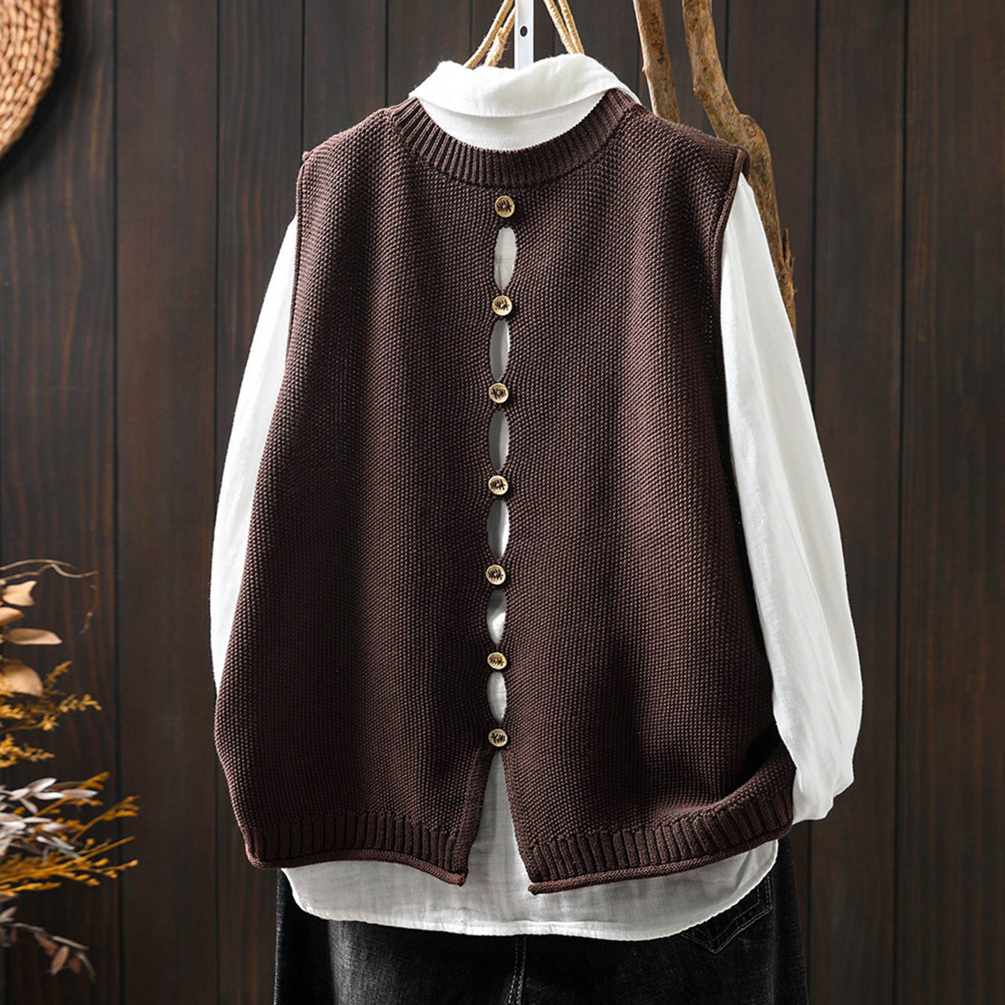 官网图 女式马夹2026春装新款叠穿针织衫上衣设计感后背镂空毛衣