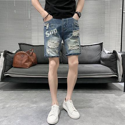 夏季薄款破洞牛仔短裤男士潮牌痞帅乞丐裤潮流直筒修身百搭五分裤