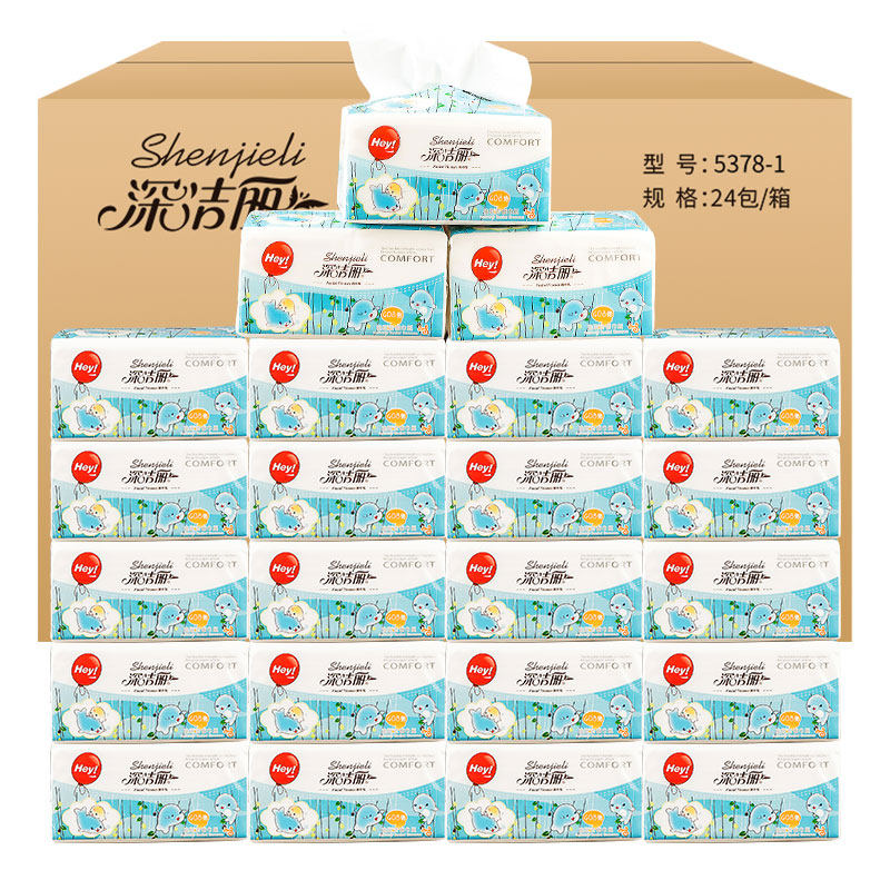 深洁丽海豚4层抽纸中规格102抽8包/24包家用柔韧原木浆面巾纸餐巾