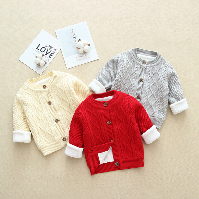 婴儿毛衣开衫加绒加厚纯棉新生儿男女宝宝针织开衫小童毛线衣外套