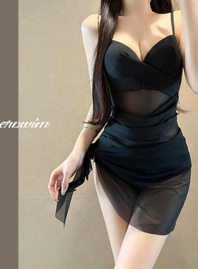 新款黑色泳衣女性感网纱纯欲风小胸聚拢网红度假遮肚显瘦温泉泳装