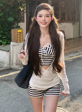 比基尼泳衣女款分体三件套长袖罩衫防晒复古条纹纯欲风性感泡温泉