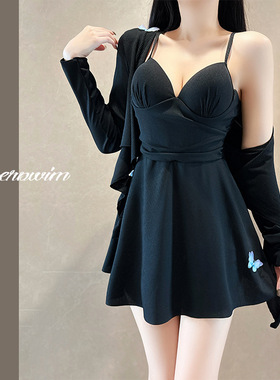 保守大码泳衣女款连体长袖两件套黑色微胖女孩遮肉显瘦泡温泉泳衣