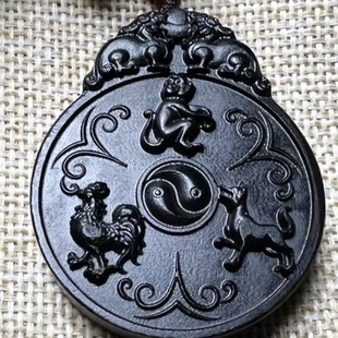 三会金局乾卦黑檀木猴鸡狗吊坠项链五行补金紫光檀挂件申酉戌定制