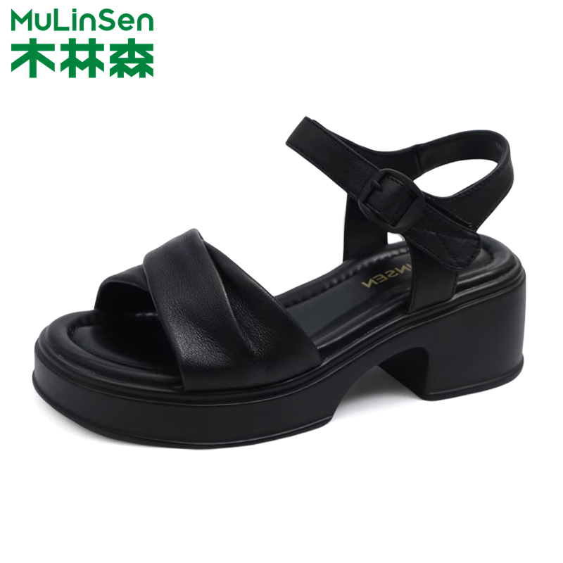 木林森凉鞋女舒适羊皮粗跟通勤
