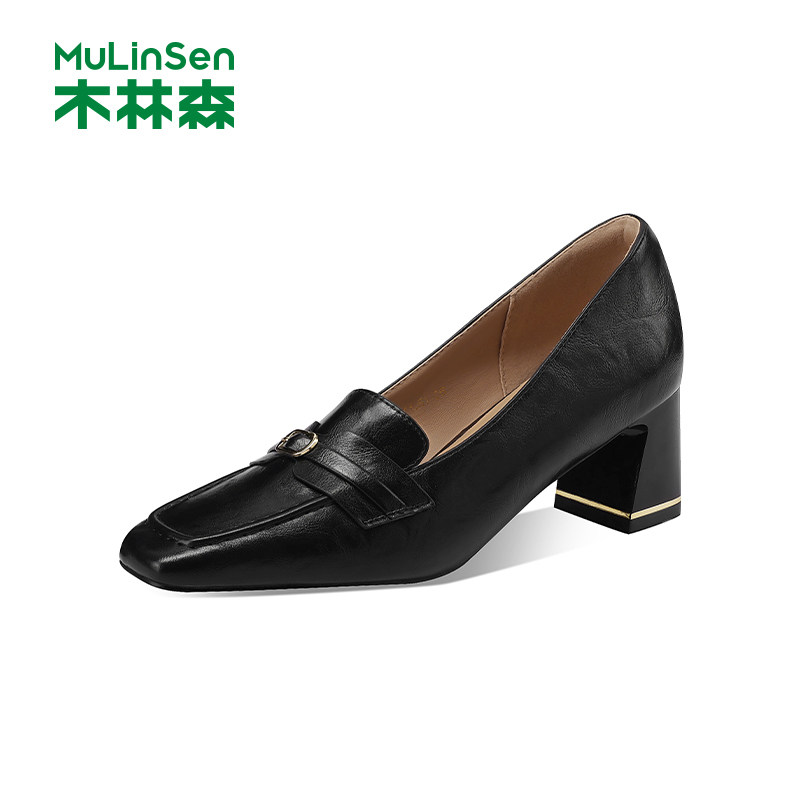 木林森女鞋2026春季新款方头粗跟乐福鞋一脚蹬通勤工作鞋百搭单鞋,女鞋,浅口单鞋,淘宝优惠券,粉丝福利购,淘宝优惠卷