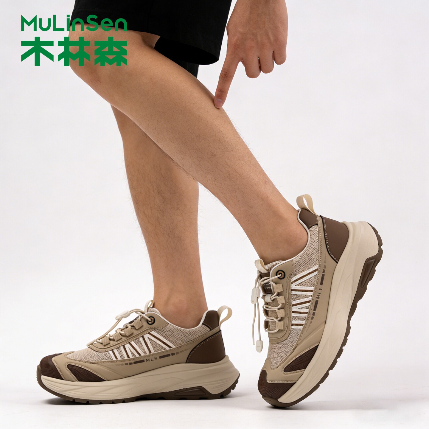木林森男鞋2026春季新款厚底耐磨舒适轻便网面拼接时尚运动休闲鞋