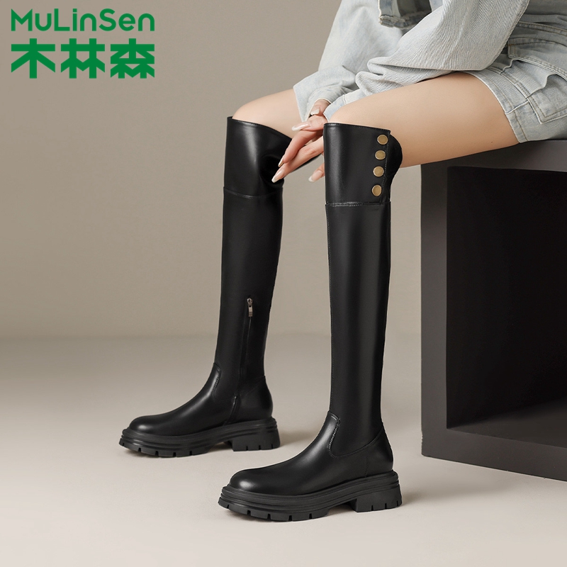 木林森高筒长靴厚底增高长筒靴