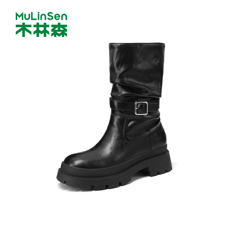 木林森西部靴粗跟堆褶中筒靴