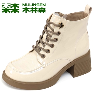 真皮粗跟休闲马丁靴子女士英伦风百搭漆皮短靴 新款 木林森女鞋 冬季