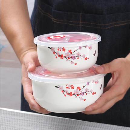 陶瓷保鲜碗泡方便面碗带盖圆形饭盒微波带饭便当盒储物罐日式家用