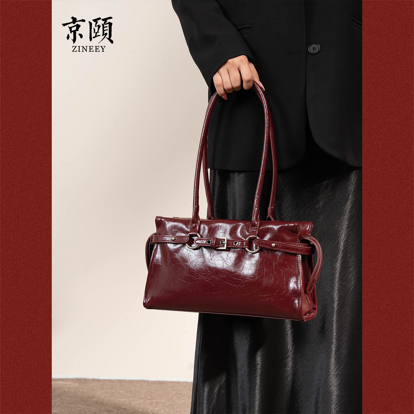 港风复古酒红法棍腋下包金属扣饰油蜡皮新娘包日常通勤百搭女包