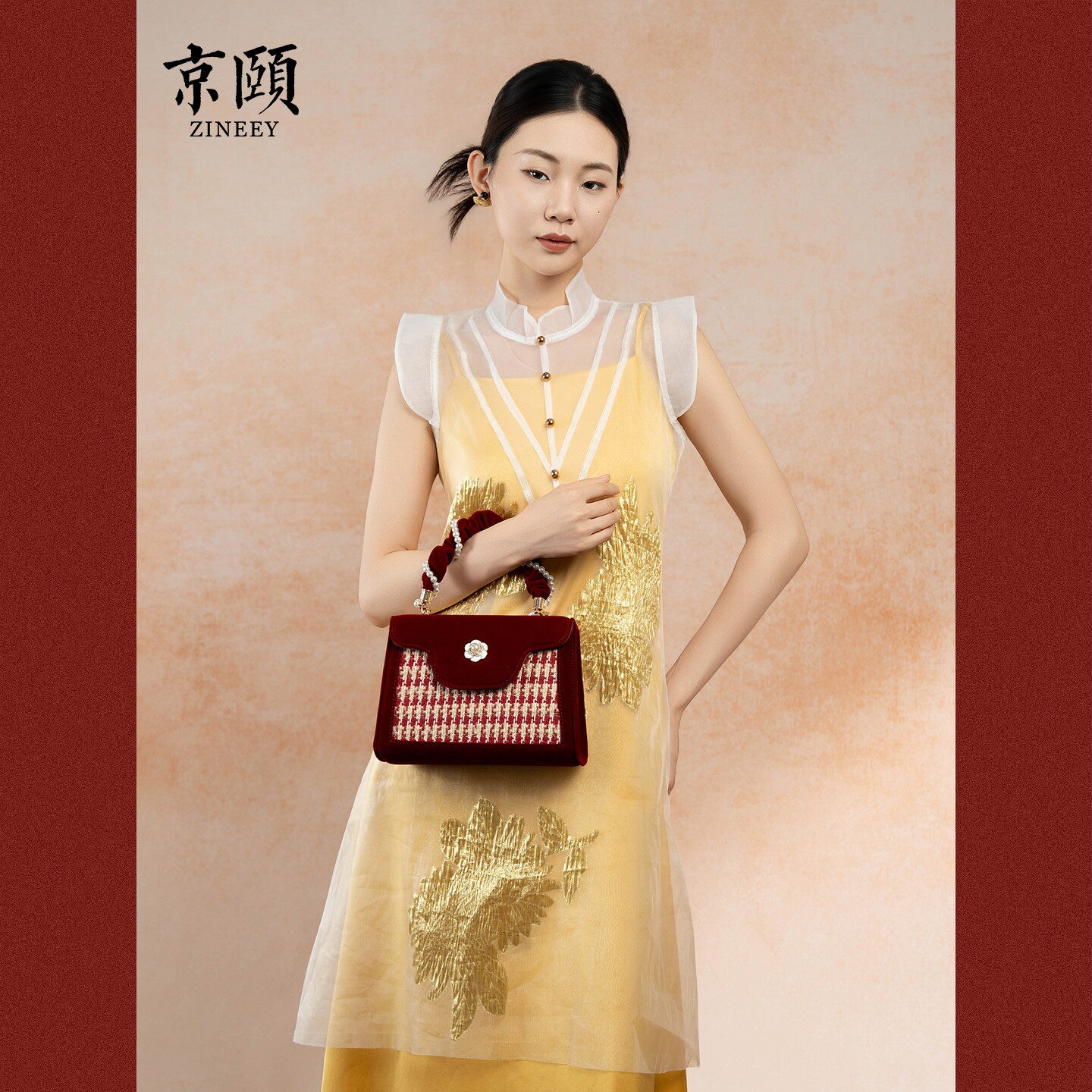红色千鸟格丝绒婚包斜挎小方包山茶花手提新娘礼物日常通勤两用包