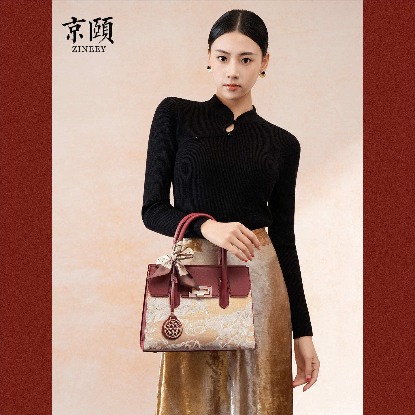 京颐/ZINEEY 国潮仙鹤提花手提包 大气婚宴送妈妈斜挎女包